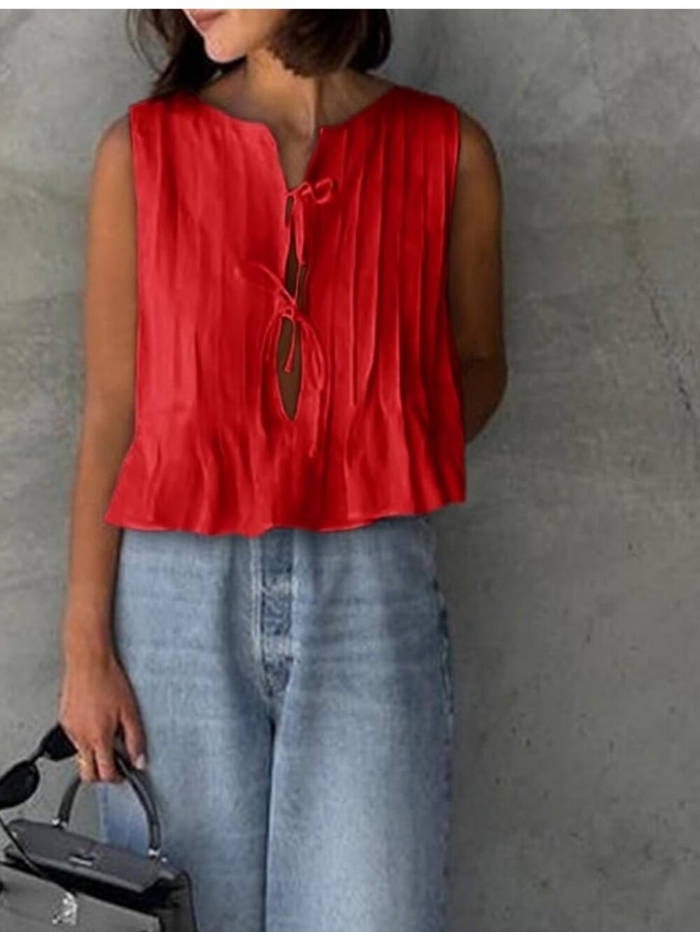 Cicy Bell Tie Front Red Pleated Peplum Sleeveless Blouse, L